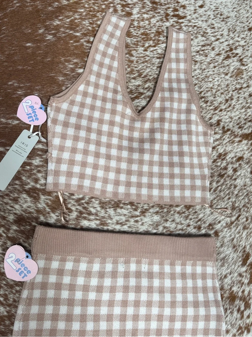 Iris Basic Pink & White Gingham Knit Crop Top and Skirt Set
